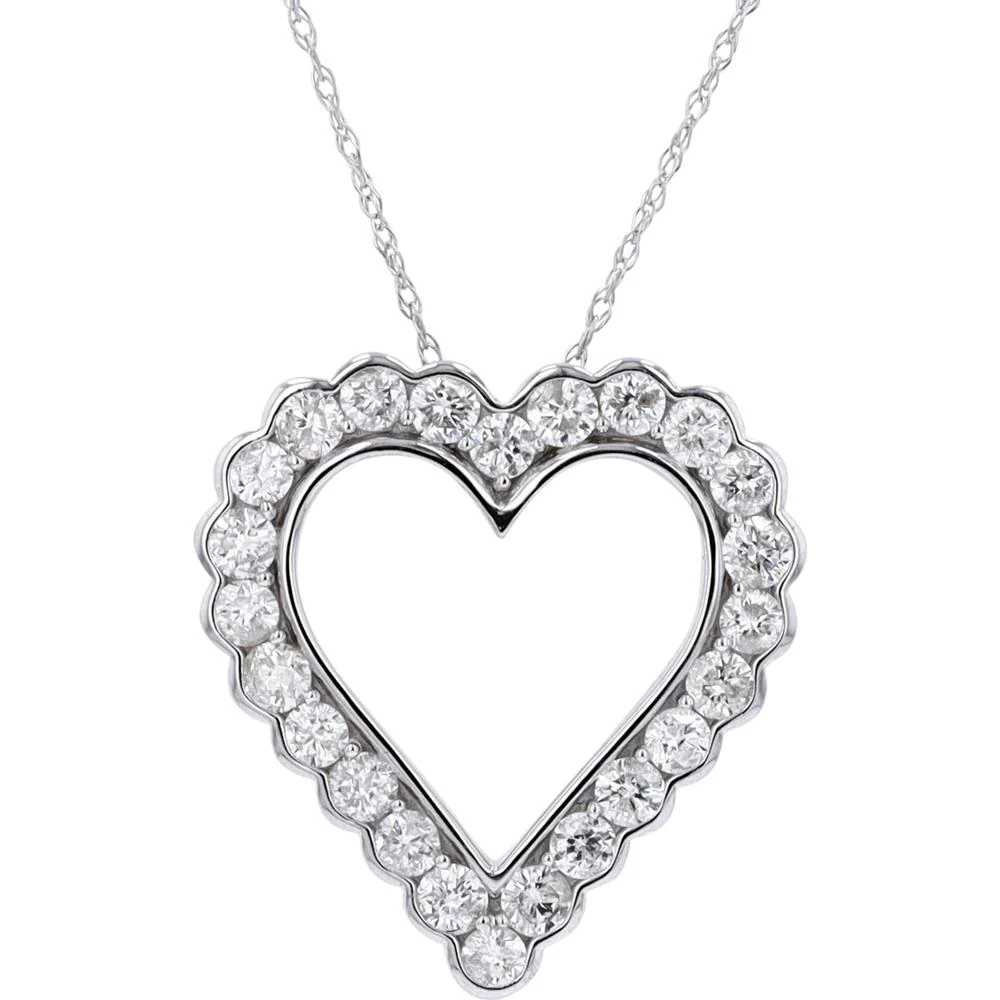 14K White Gold Diamond Heart Pendant with 1.00 Carat Total Round Diamonds