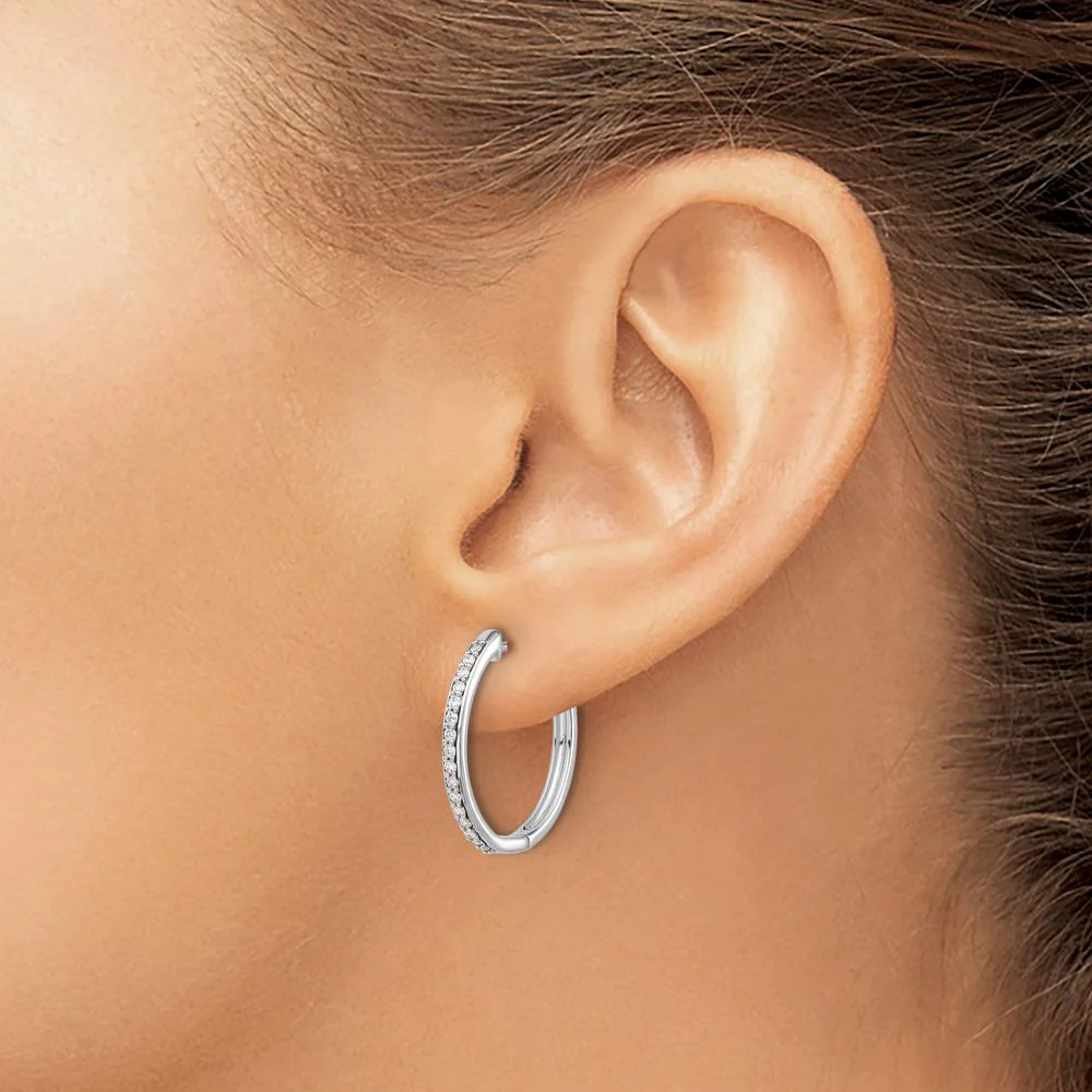 14K White Gold Diamond Hinged Hoop Earrings with 32 Round Diamonds - 0.008 Carat Total Diamond Weight by Monteluci Fine Jewelry - Image 3