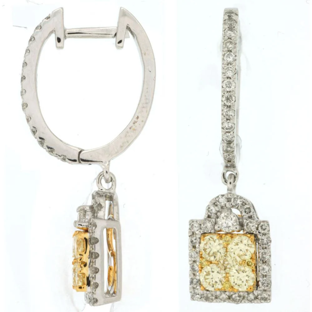 14K White Gold Diamond Hoop Drop Earrings with 0.60 Carat Yellow Diamond Cluster and 0.58 Carat White Diamond Halo – Total 1.18 Carat - Royal Jewelry