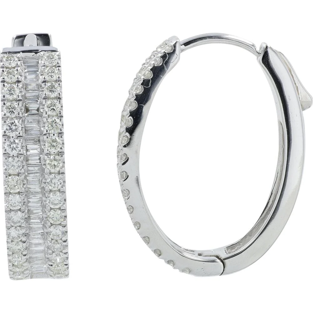 14K White Gold Diamond Hoop Earrings - 1.25 Carat Total Diamond Weight