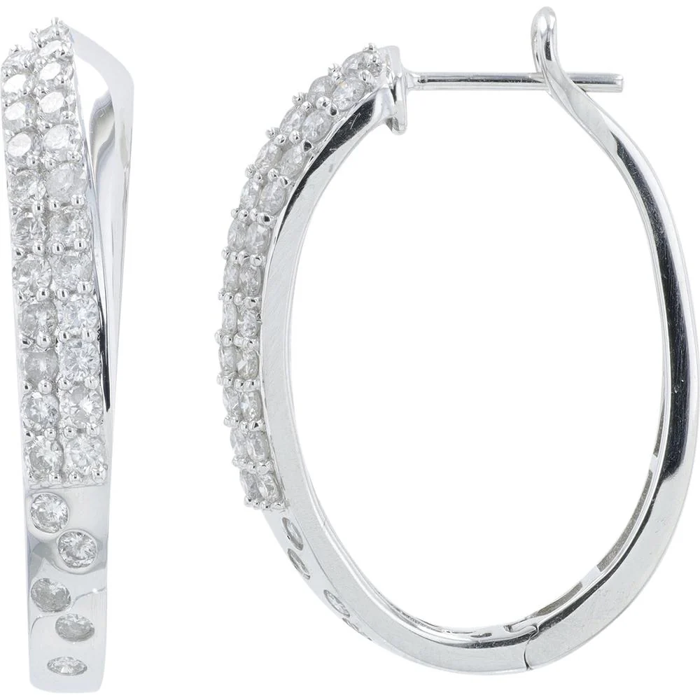 14K White Gold Diamond Hoop Earrings - 1.30 Carat Total Diamond Weight