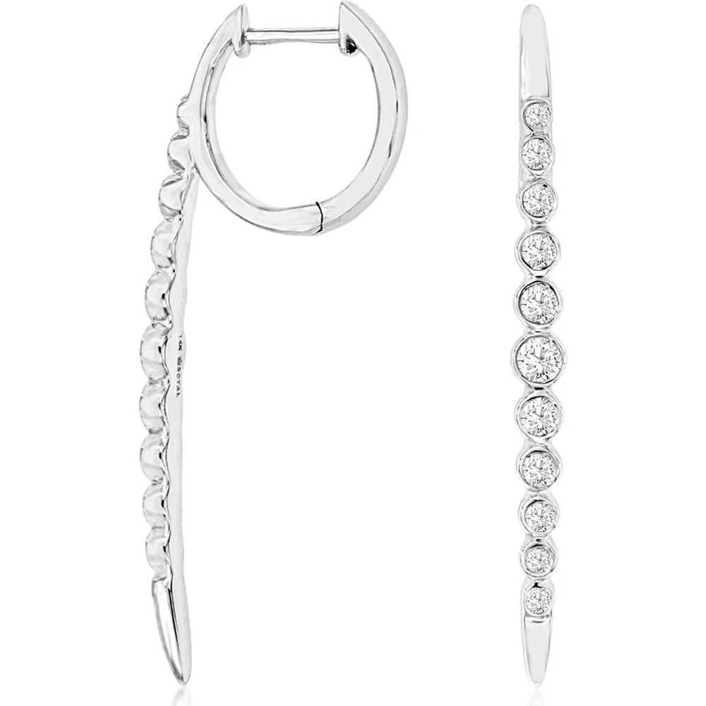 14K White Gold Diamond Hoop Earrings with 7 Round Diamonds - 0.50 Carats Total Diamond Weight - Royal Jewelry