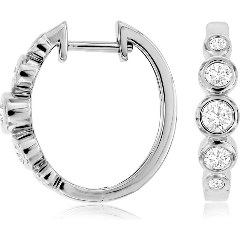14K White Gold Diamond Hoop Earrings with Bezel Set Round Diamonds - 0.52 Carats Total Diamond Weight - Royal Jewelry