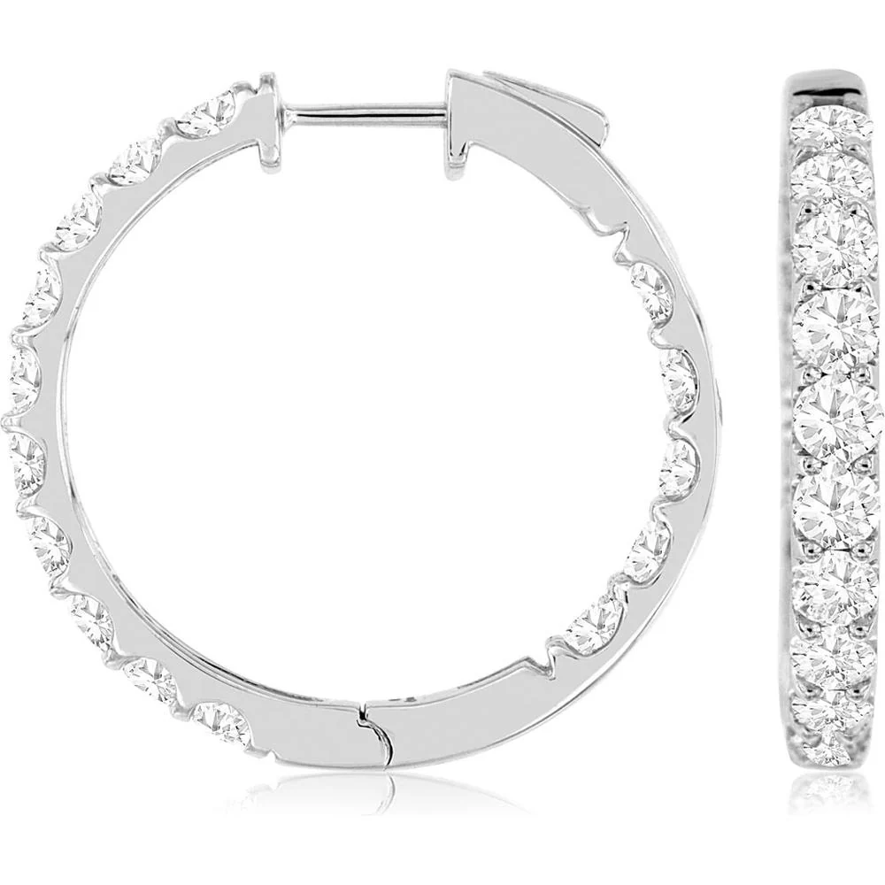 14K White Gold Diamond Hoop Earrings with Channel Set Round Diamonds - 4.00 Carats Total Diamond Weight - Royal Jewelry