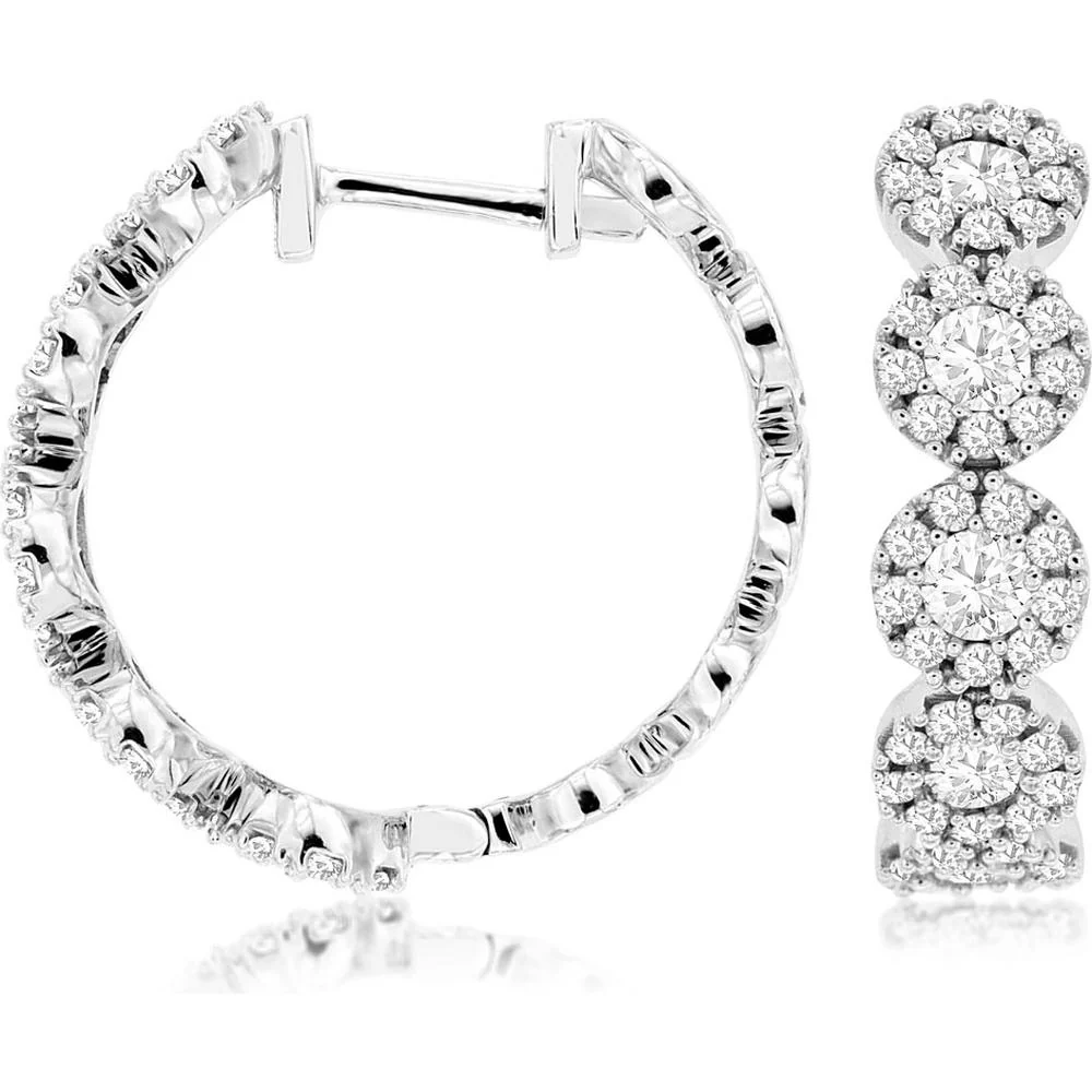 14K White Gold Diamond Hoop Earrings with Round Brilliant-Cut Diamonds - 1.38 Carats Total Diamond Weight - Royal Jewelry