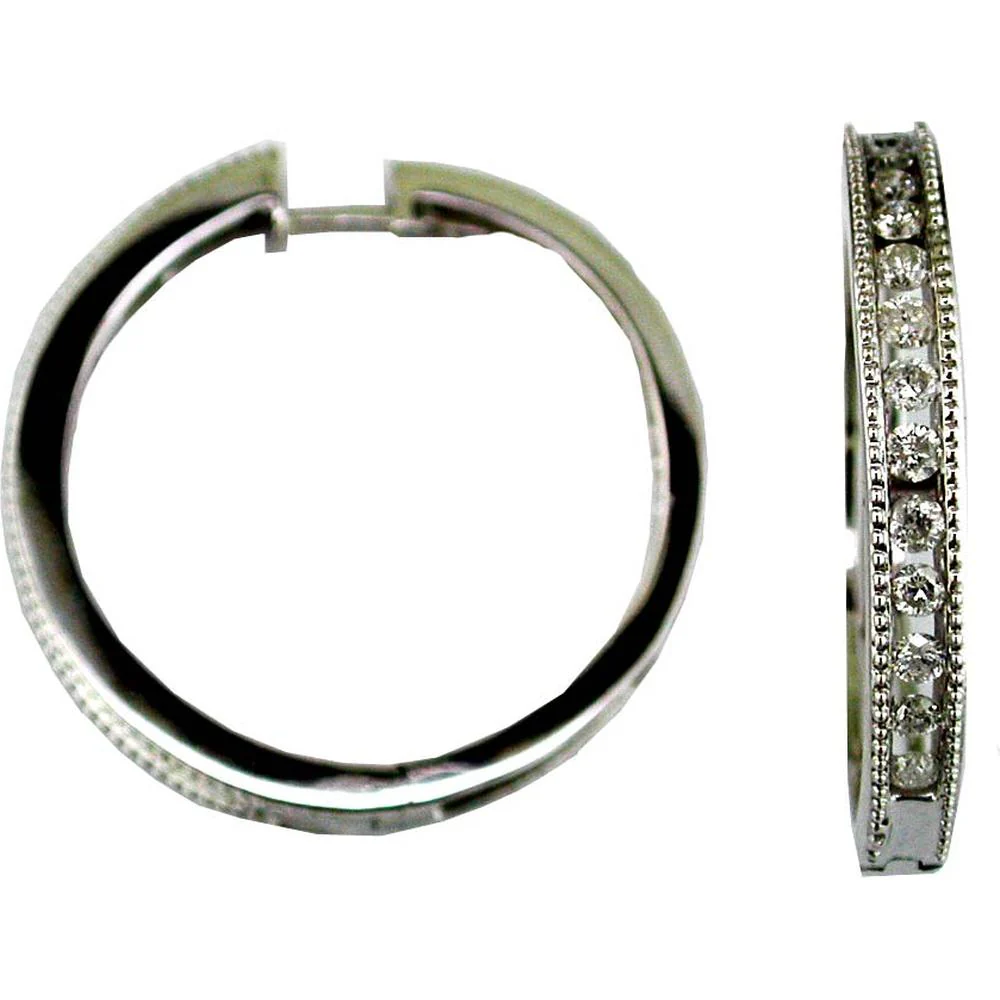14K White Gold Diamond Hoops with Baguette and Round Diamonds - 1.25 Carats Total Diamond Weight - Royal Jewelry