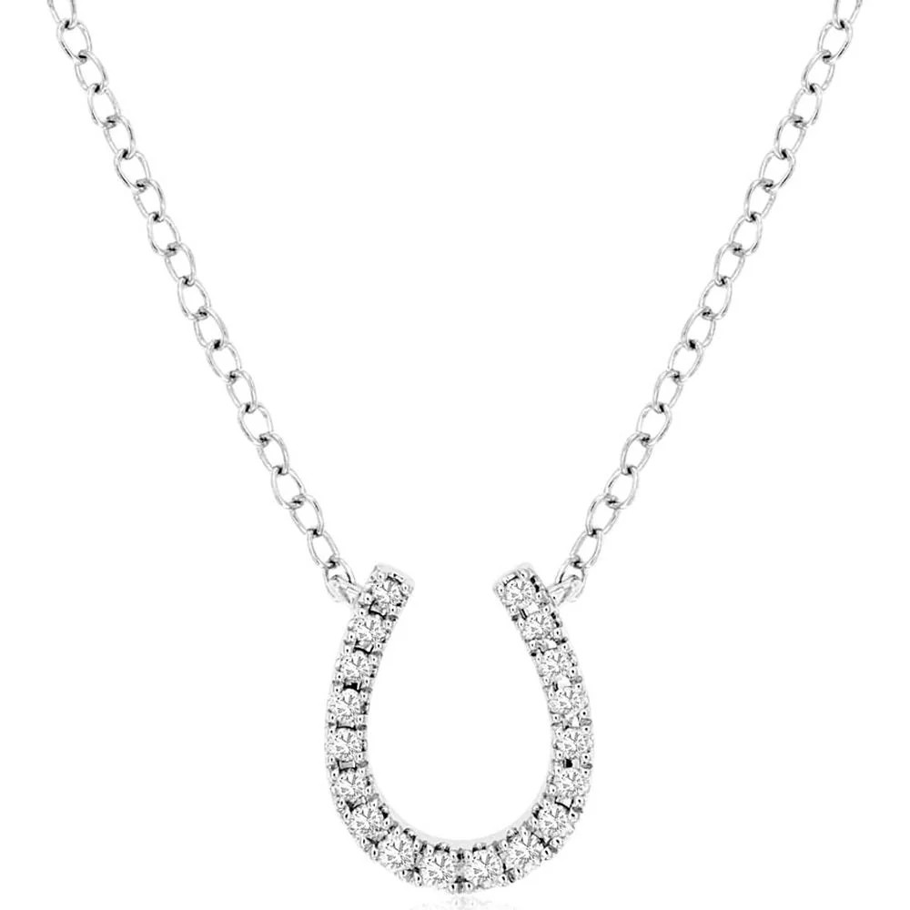 14K White Gold Diamond Horseshoe Pendant Necklace with Round Brilliant Cut Diamonds - 0.10 Carat Total Diamond Weight - Royal Jewelry