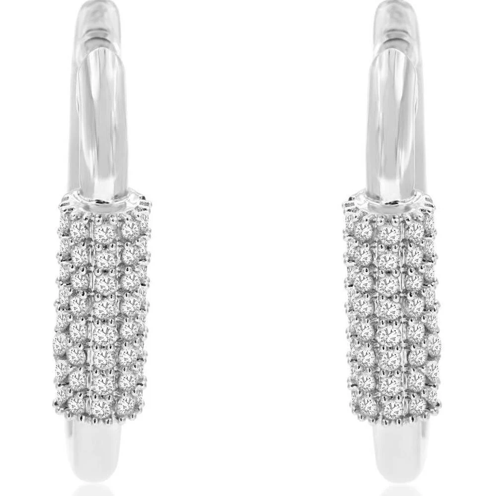 14K White Gold Diamond Huggie Hoop Earrings with Pavé Set Round Diamonds - 0.40 Carat Total Weight - Royal Jewelry