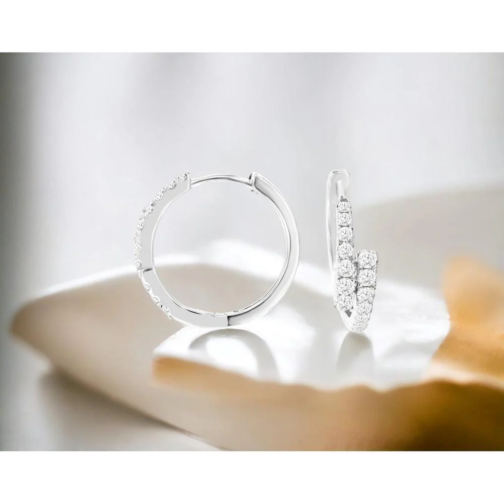 14K White Gold Diamond Huggie Hoop Earrings with Round Diamonds - 0.51 Carat Total Diamond Weight - Royal Jewelry - Image 2