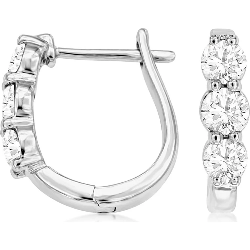 14K White Gold Diamond Huggie Hoops - 1.00 Carat Total Diamond Weight - Royal Jewelry