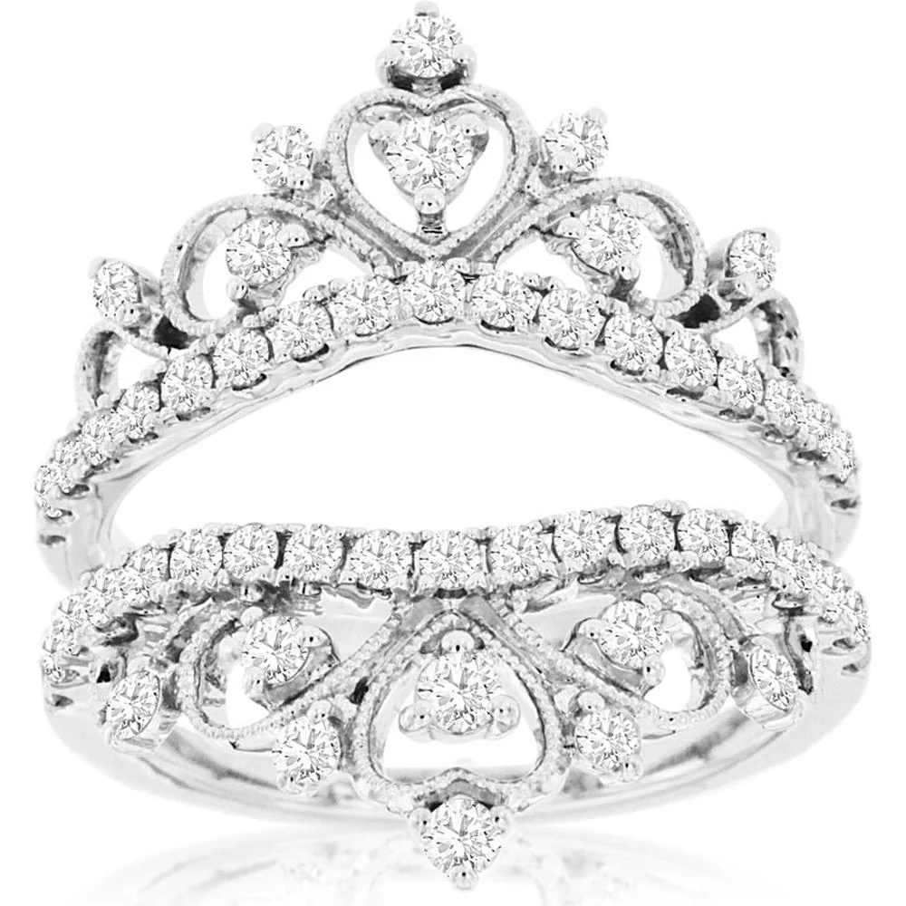 14K White Gold Diamond Insert Ring with Heart and Crown Motif - 1.00 Carat Total Diamond Weight - Royal Jewelry