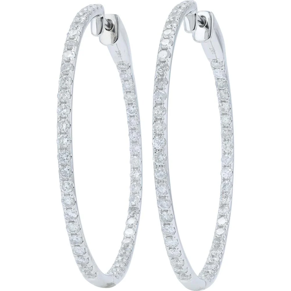 14K White Gold Diamond Inside - Out Hoop Earrings - 3.00 Carat Total Diamond Weight