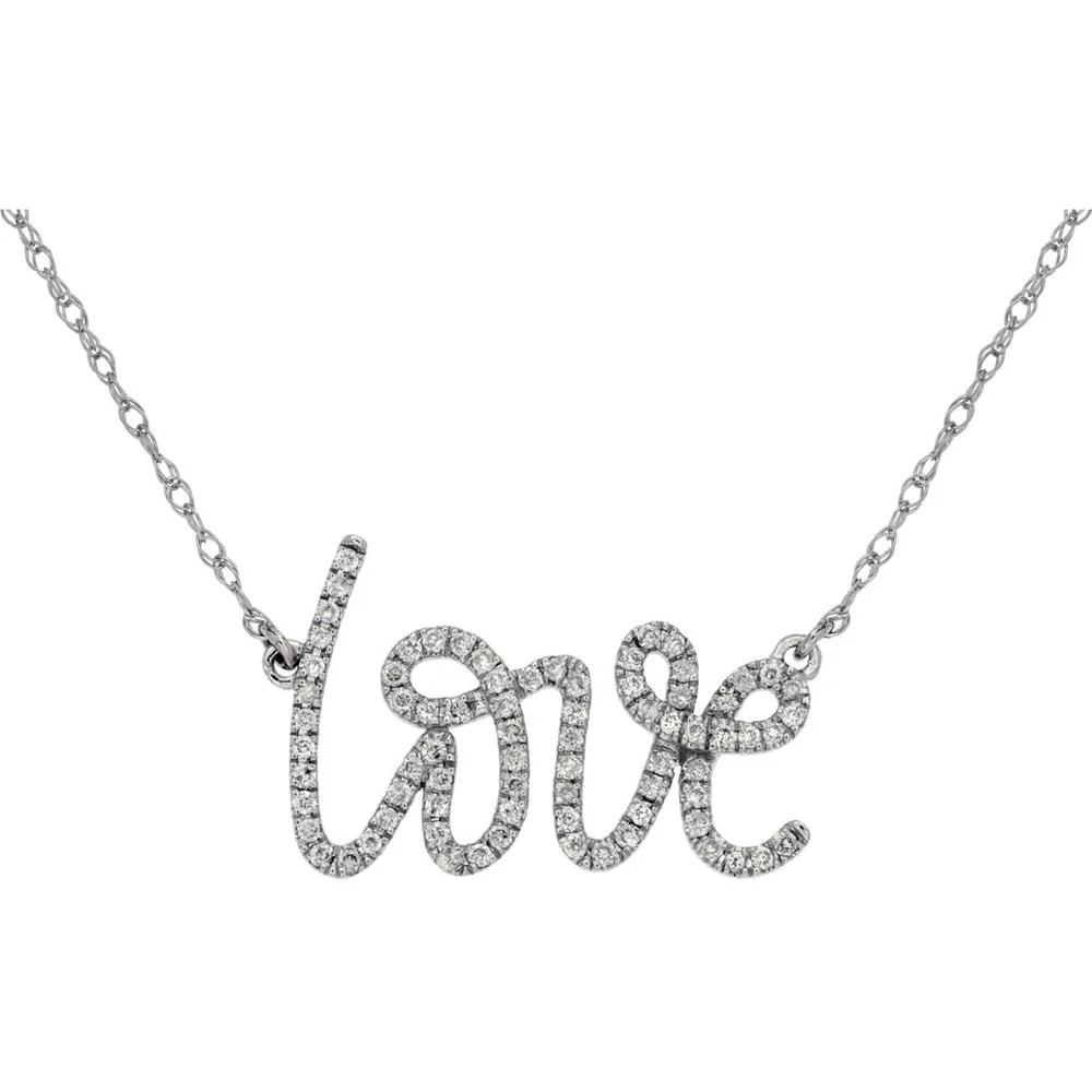 14K White Gold Diamond "Love" Pendant Necklace - 0.22 Carats Total Diamond Weight - Royal Jewelry