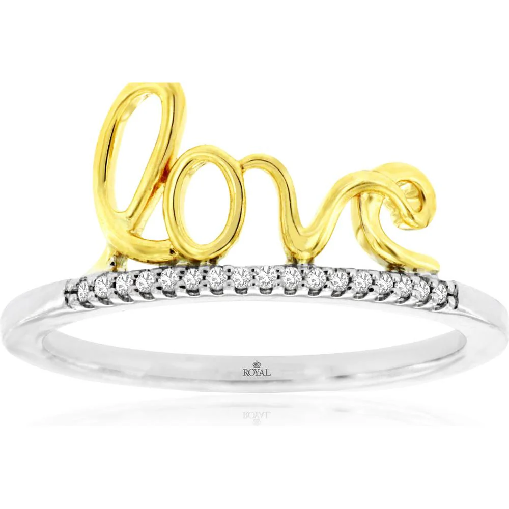 14K White Gold Diamond Love Ring with Round Diamond Accent Band - 0.05 Carat Total Diamond Weight - Royal Jewelry