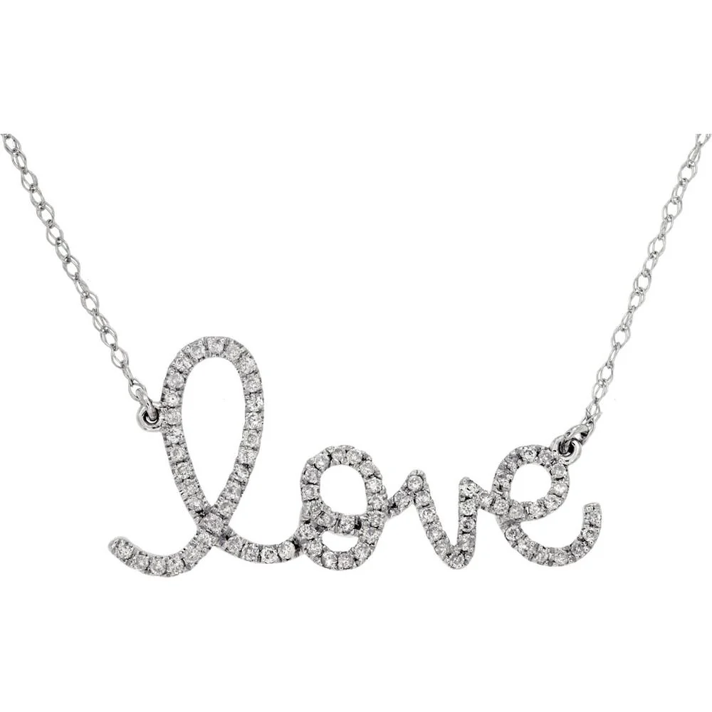 14K White Gold Diamond "Love" Script Necklace - 0.25 Carats Total Diamond Weight - Royal Jewelry