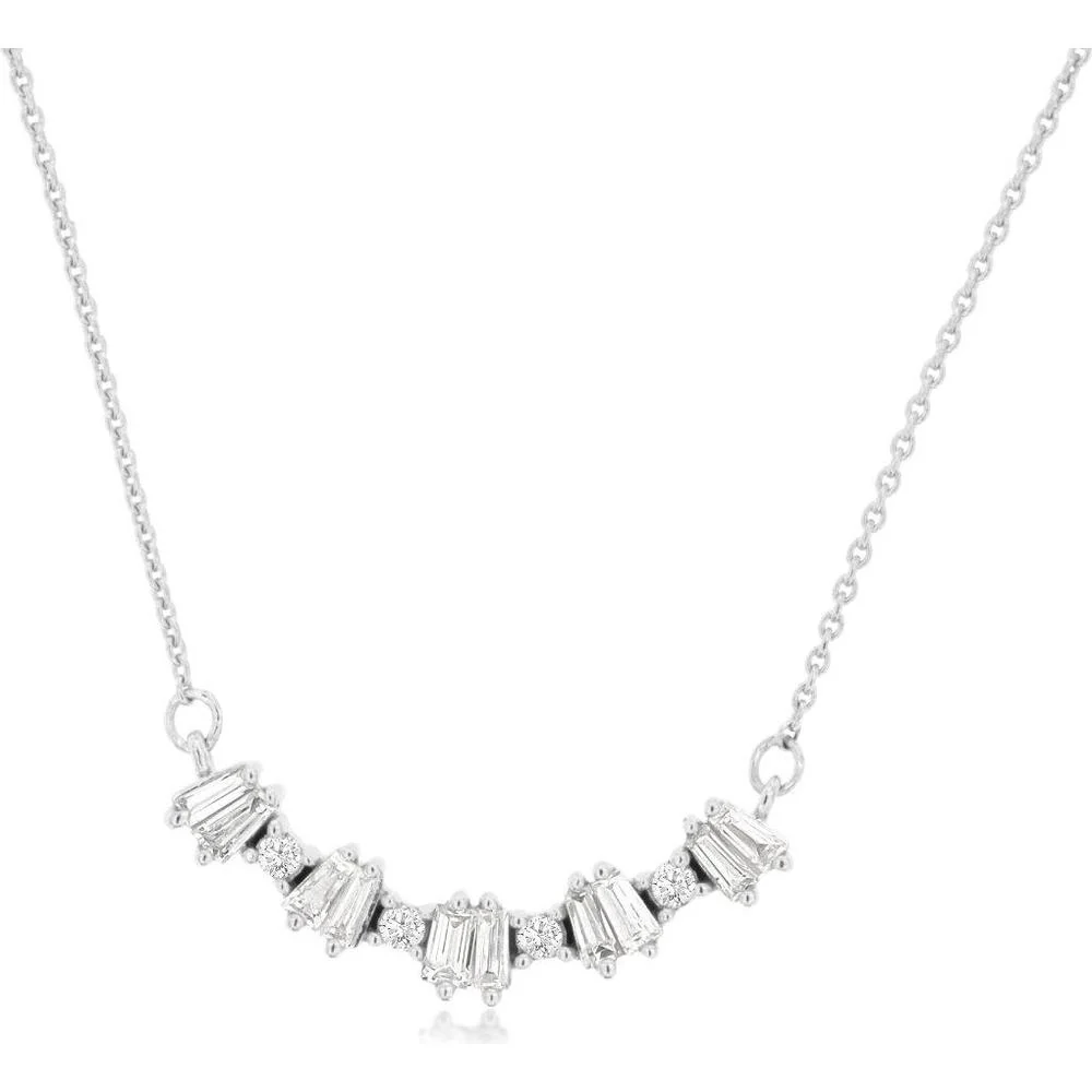 14K White Gold Diamond Necklace with Baguette and Round Diamonds - 0.26 Carats Total Diamond Weight - Royal Jewelry