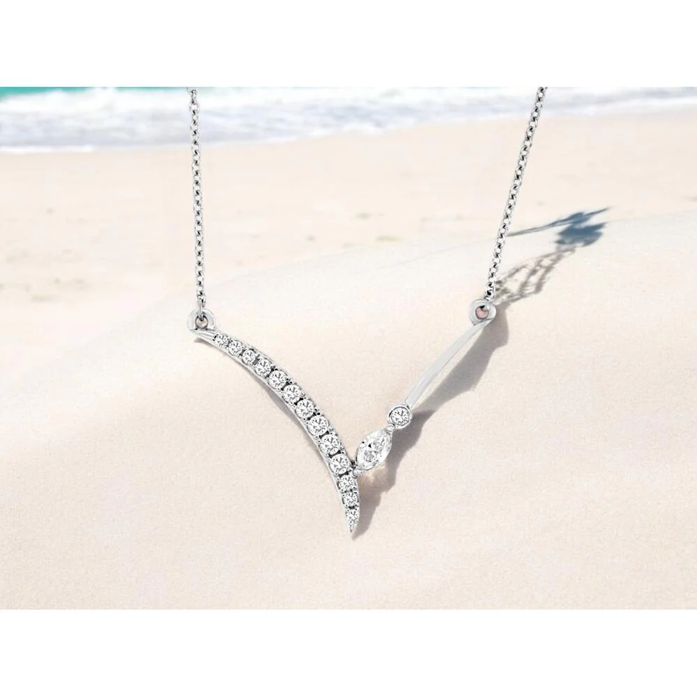 14K White Gold Diamond Necklace with Round and Marquise Diamonds - 0.20 Carats Total Diamond Weight - Royal Jewelry - Image 2