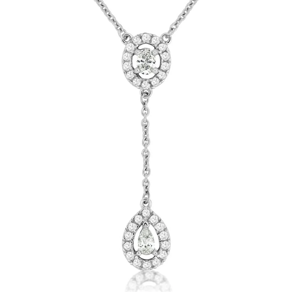 14K White Gold Diamond Necklace with Round-Cut Halo and Teardrop Pendant - 0.36 Carats Total Diamond Weight - Royal Jewelry