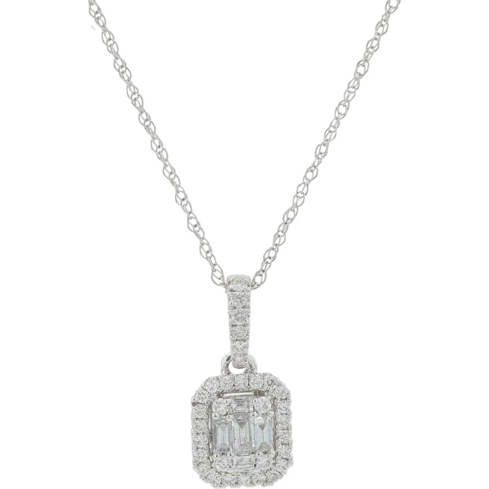 14K White Gold Diamond Pendant with Emerald Cut Diamond and Round Diamond Halo - 0.25 Carat Total Diamond Weight