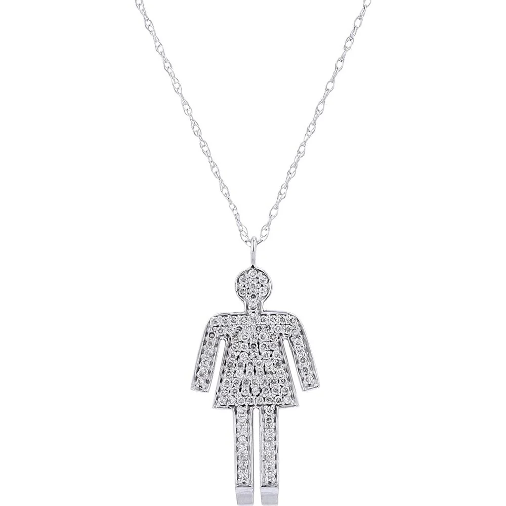 14K White Gold Diamond Person Pendant Necklace - 0.53 Carat Total Diamond Weight