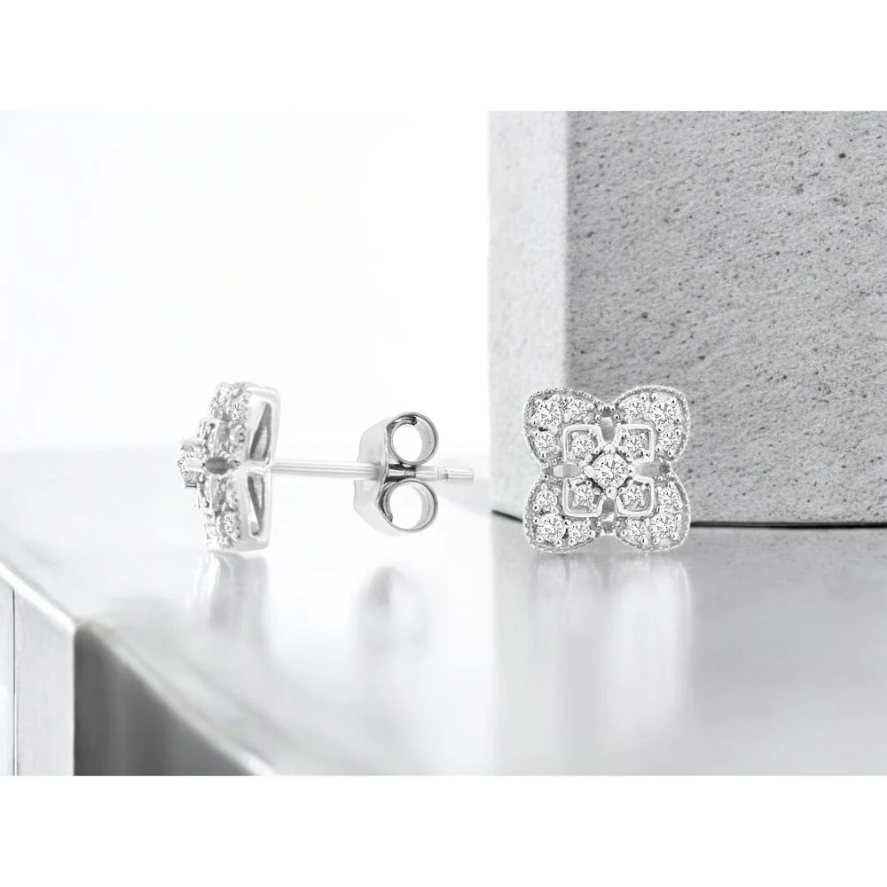 14K White Gold Diamond Petal Stud Earrings with Round Cut Diamonds - 0.24 Carats Total Diamond Weight - Royal Jewelry - Image 2