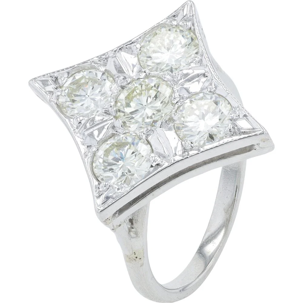14K White Gold Diamond Ring with 1.75 Carat Total Diamond Weight - Geometric Design, Prong Set, Vintage Style