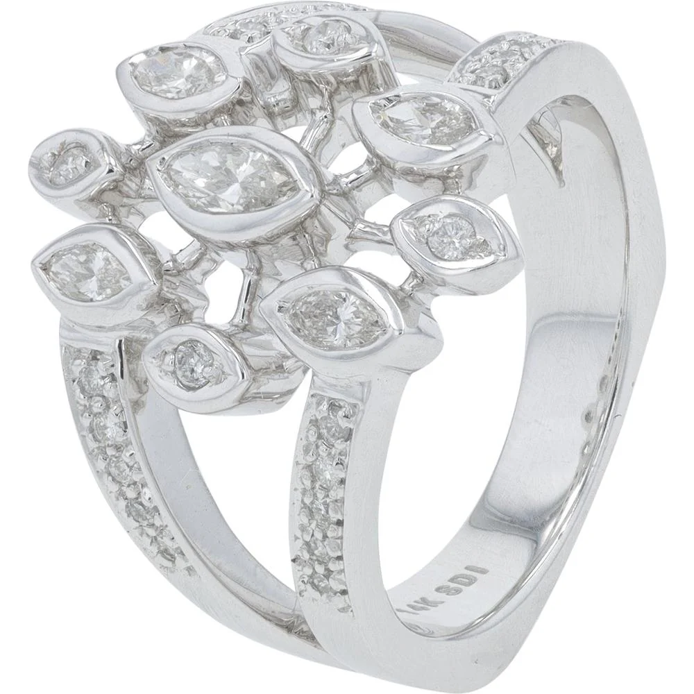 14K White Gold Diamond Ring with Marquise and Pavé Set Diamonds - 0.75 Carat Total Diamond Weight
