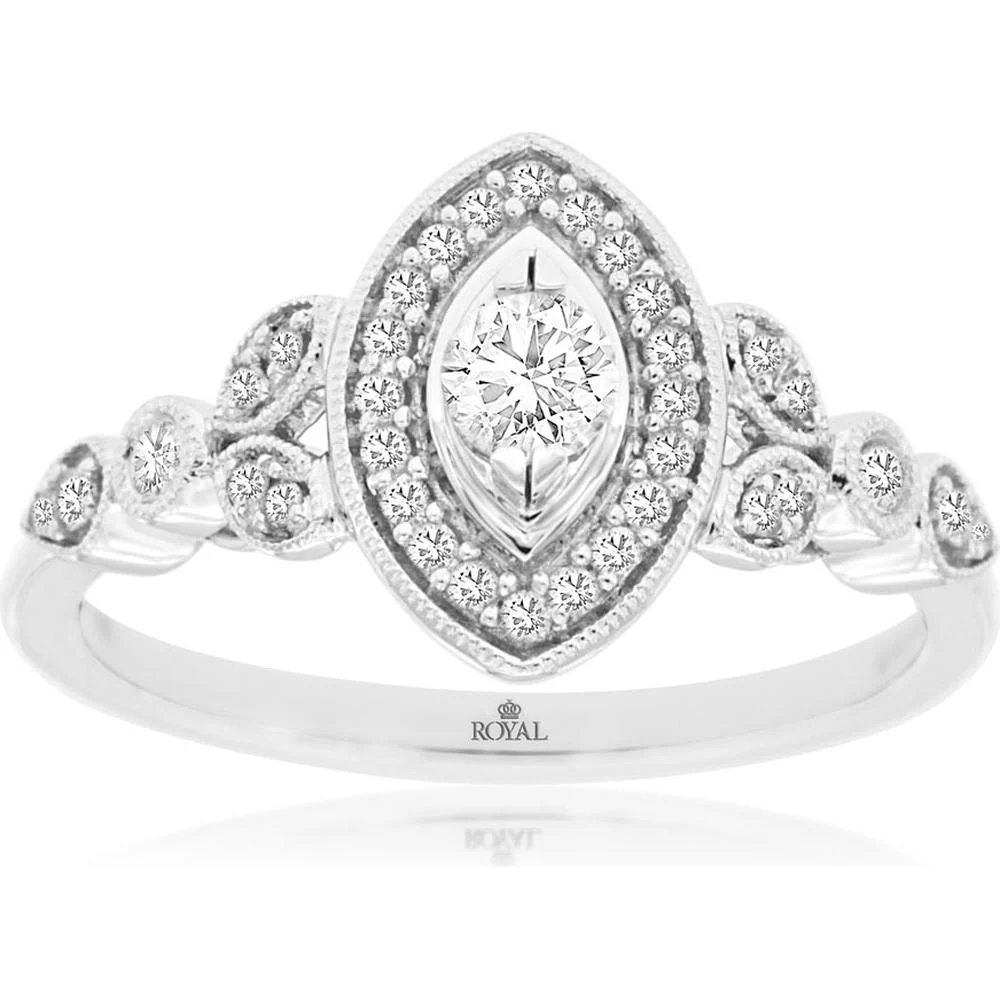 14K White Gold Diamond Ring with Marquise-Shaped Halo and Milgrain Detailing - 0.33 Carats Total Diamond Weight - Royal Jewelry