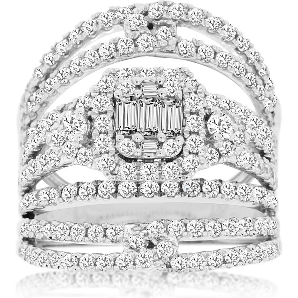 14K White Gold Diamond Ring with Pave-Set Round and Emerald Cut Diamonds - 2.00 Carats Total Diamond Weight - Royal Jewelry