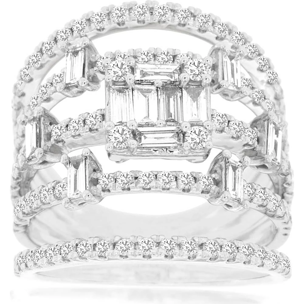 14K White Gold Diamond Ring with Round and Emerald-Cut Diamonds - 1.67 Carats Total Diamond Weight - Royal Jewelry