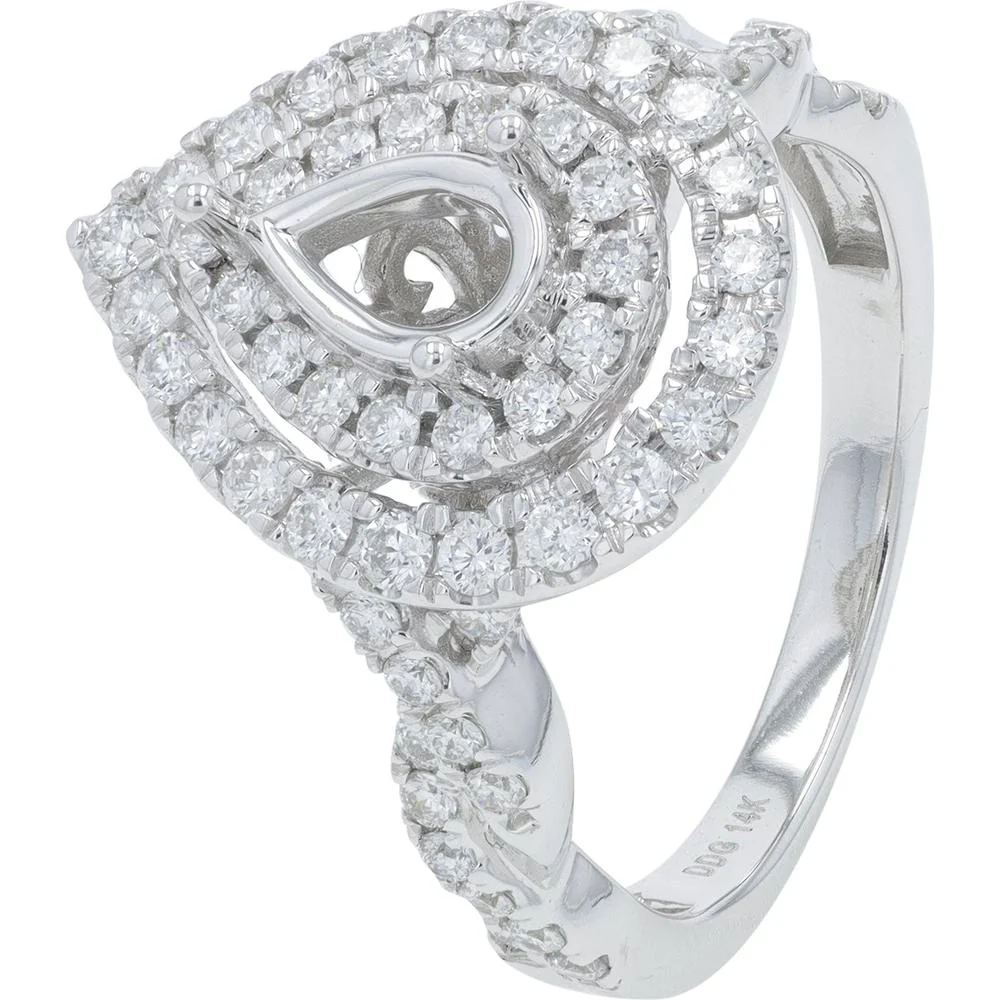 14K White Gold Diamond Semi - Mount Ring with Halo Design - 1.62 Carat Total Diamond Weight