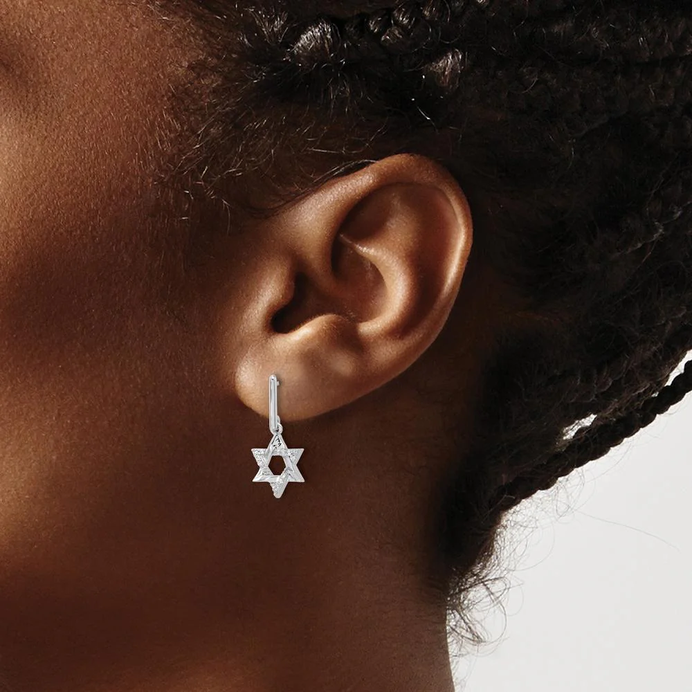14K White Gold Diamond Star of David Dangle Earrings - 0.009 Carats Total Diamond Weight by Monteluci Fine Jewelry - Image 3