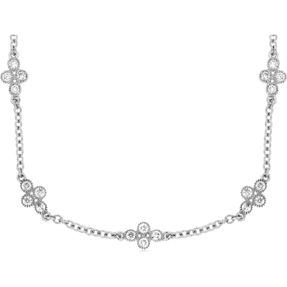 14K White Gold Diamond Station Necklace with Floral Motif - 0.72 Carats Total Diamond Weight - Royal Jewelry