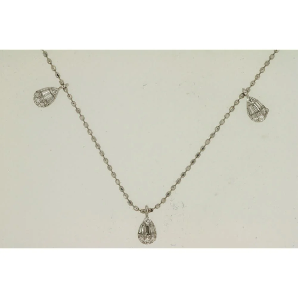 14K White Gold Diamond Station Necklace with Pear-Shaped Baguette and Round Diamond Drops - 0.52 Carat Total Diamond Weight - Royal Jewelry