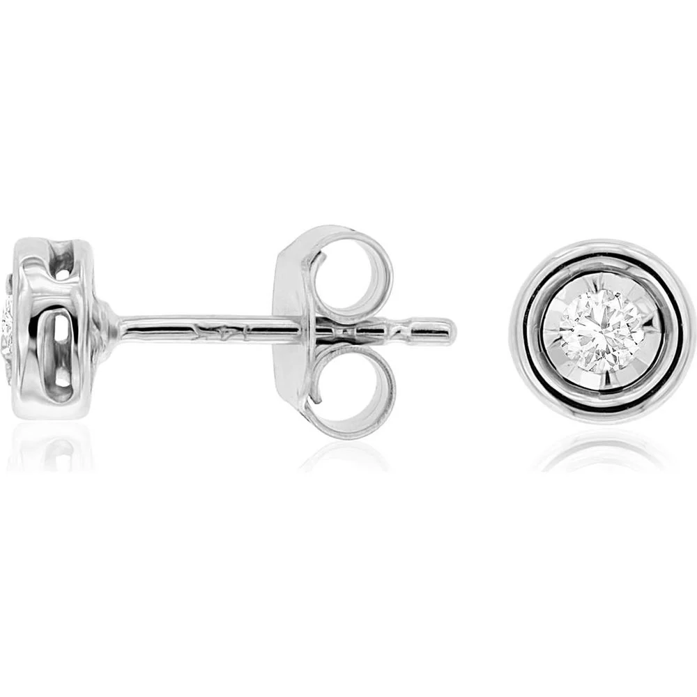 14K White Gold Diamond Stud Earrings with Bezel Setting and Milgrain Detail - 0.10 Carats Total Diamond Weight - Royal Jewelry