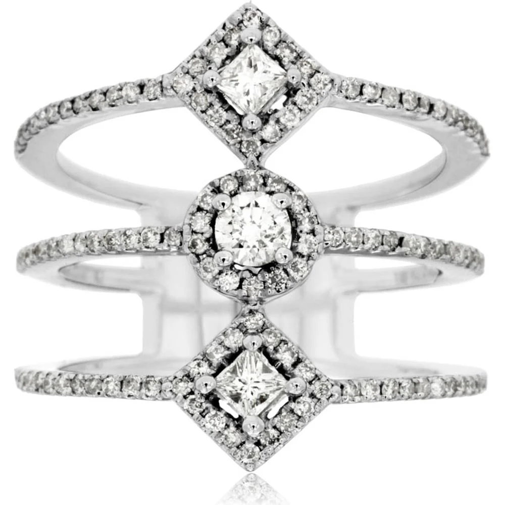 14K White Gold Diamond Three Stone Ring with Princess and Round Diamonds - 0.75 Carats Total Diamond Weight - Royal Jewelry