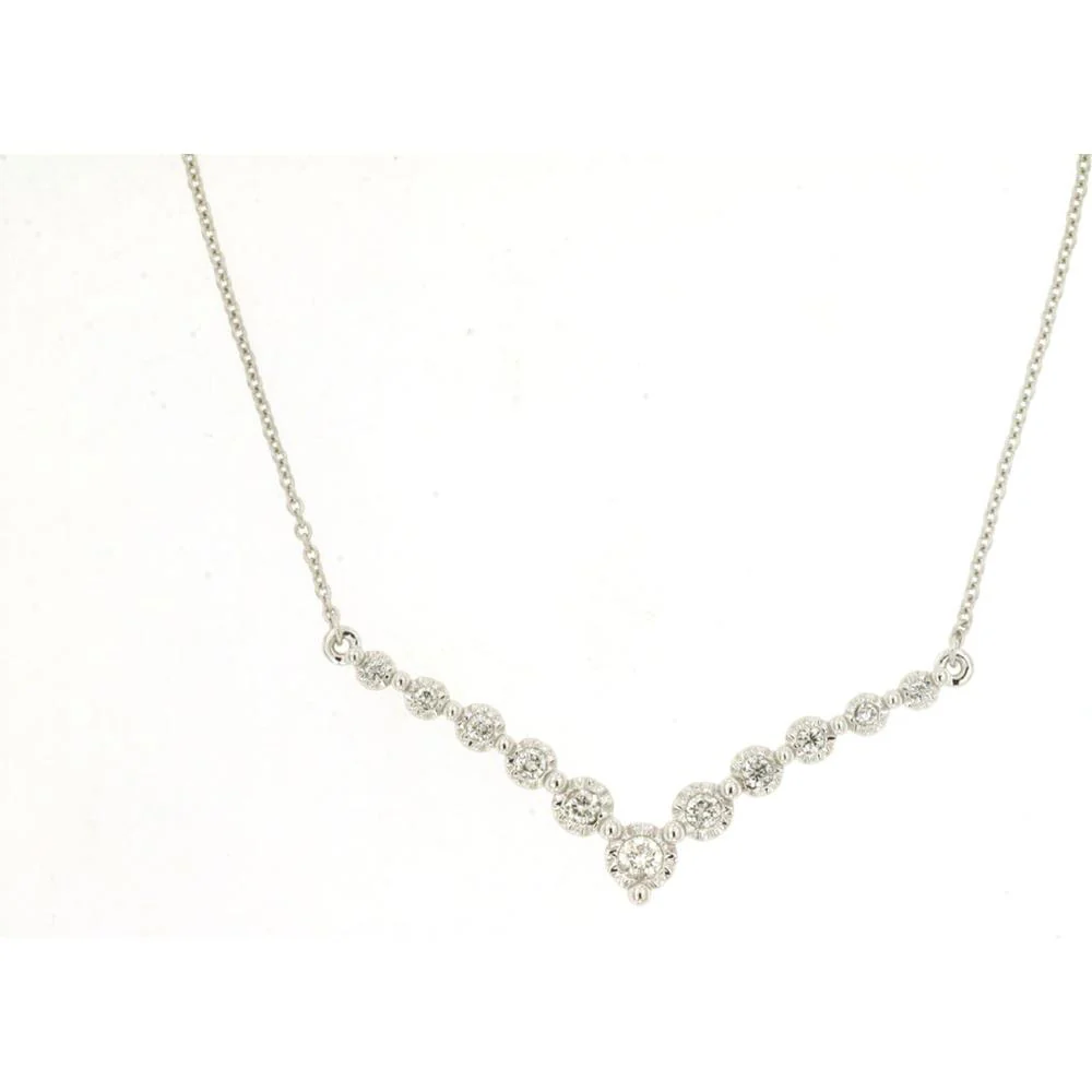 14K White Gold Diamond V Necklace with Milgrain Detailing - 0.24 Carats Total Diamond Weight - Royal Jewelry