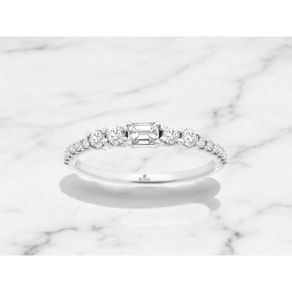 14K White Gold Diamond Wedding Band with 0.35 Carat Emerald Cut Center and Graduated Round Diamond Accents - Royal Jewelry - Image 2