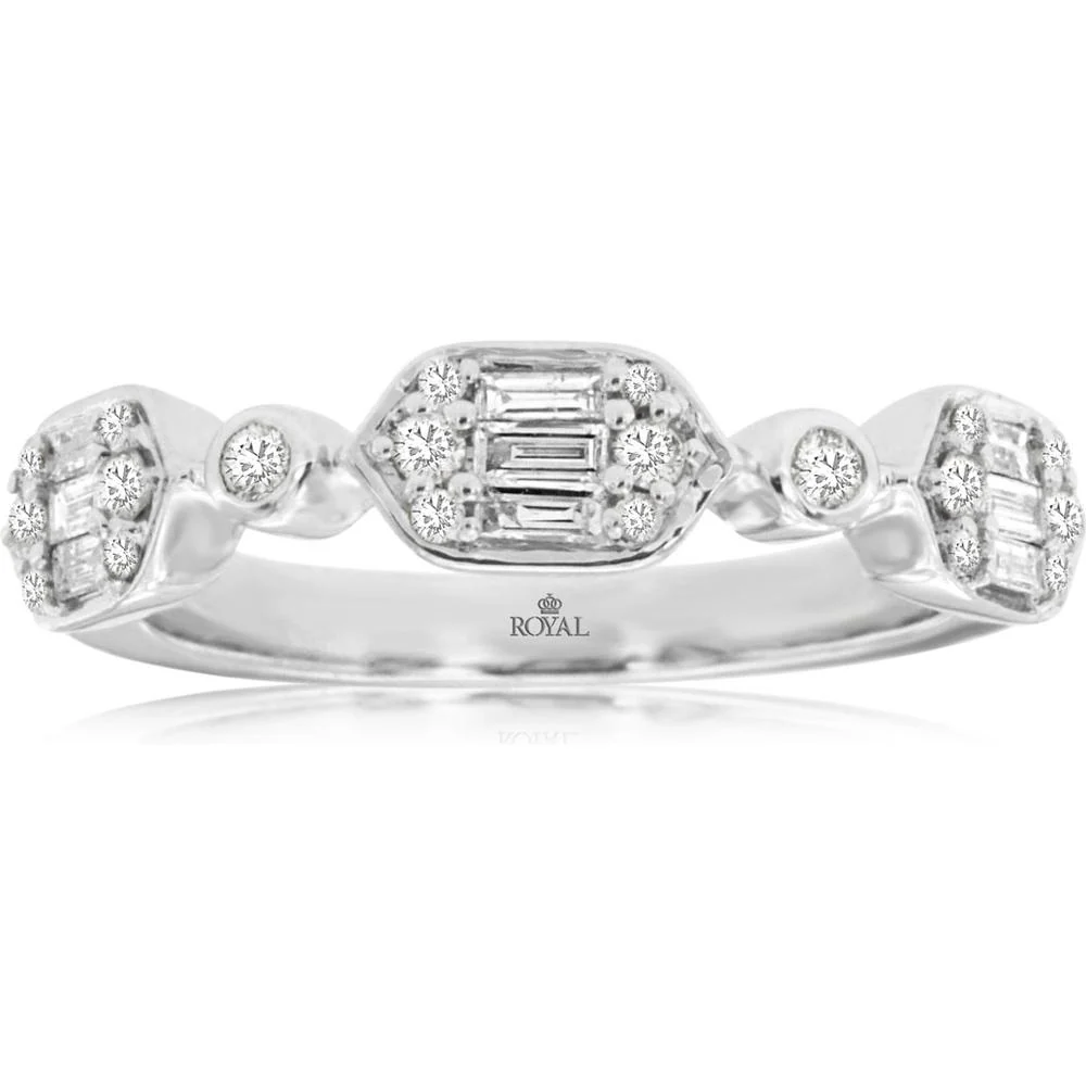 14K White Gold Diamond Wedding Band with Baguette and Round Diamonds - 0.44 Carats Total Diamond Weight - Royal Jewelry