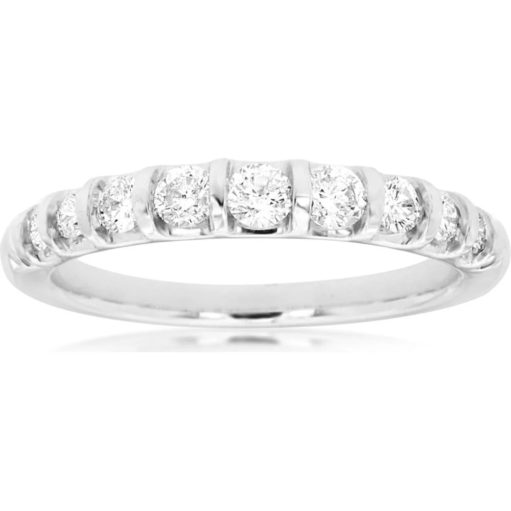 14K White Gold Diamond Wedding Band with Bar Set Round Brilliant Cut Diamonds - 0.50 Carat Total Weight - Royal Jewelry