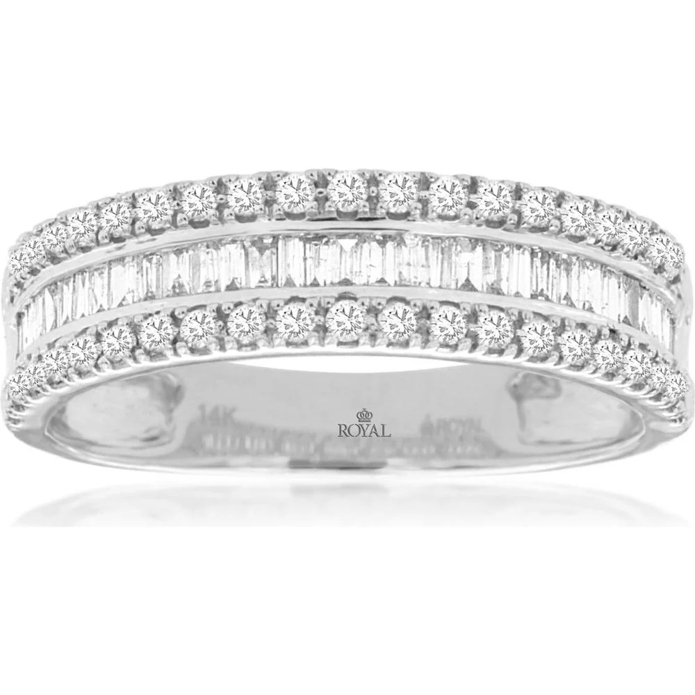 14K White Gold Diamond Wedding Band with Double-Row Pave and Baguette Diamonds - 0.48 Carats Total Diamond Weight - Royal Jewelry