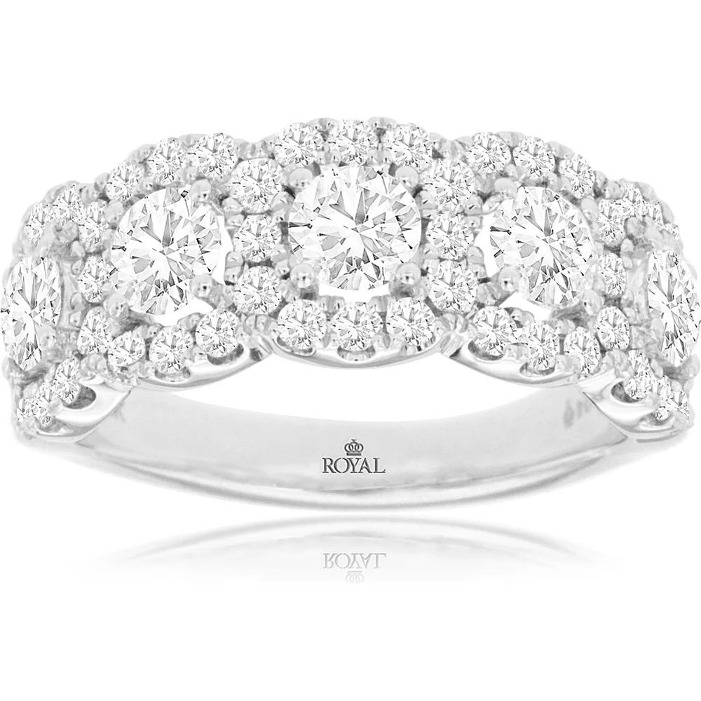 14K White Gold Diamond Wedding Band with Five-Stone Halo Design and Prong Set Round Brilliant Cut Diamonds - 2.00 Carat Total Diamond Weight - Royal Jewelry