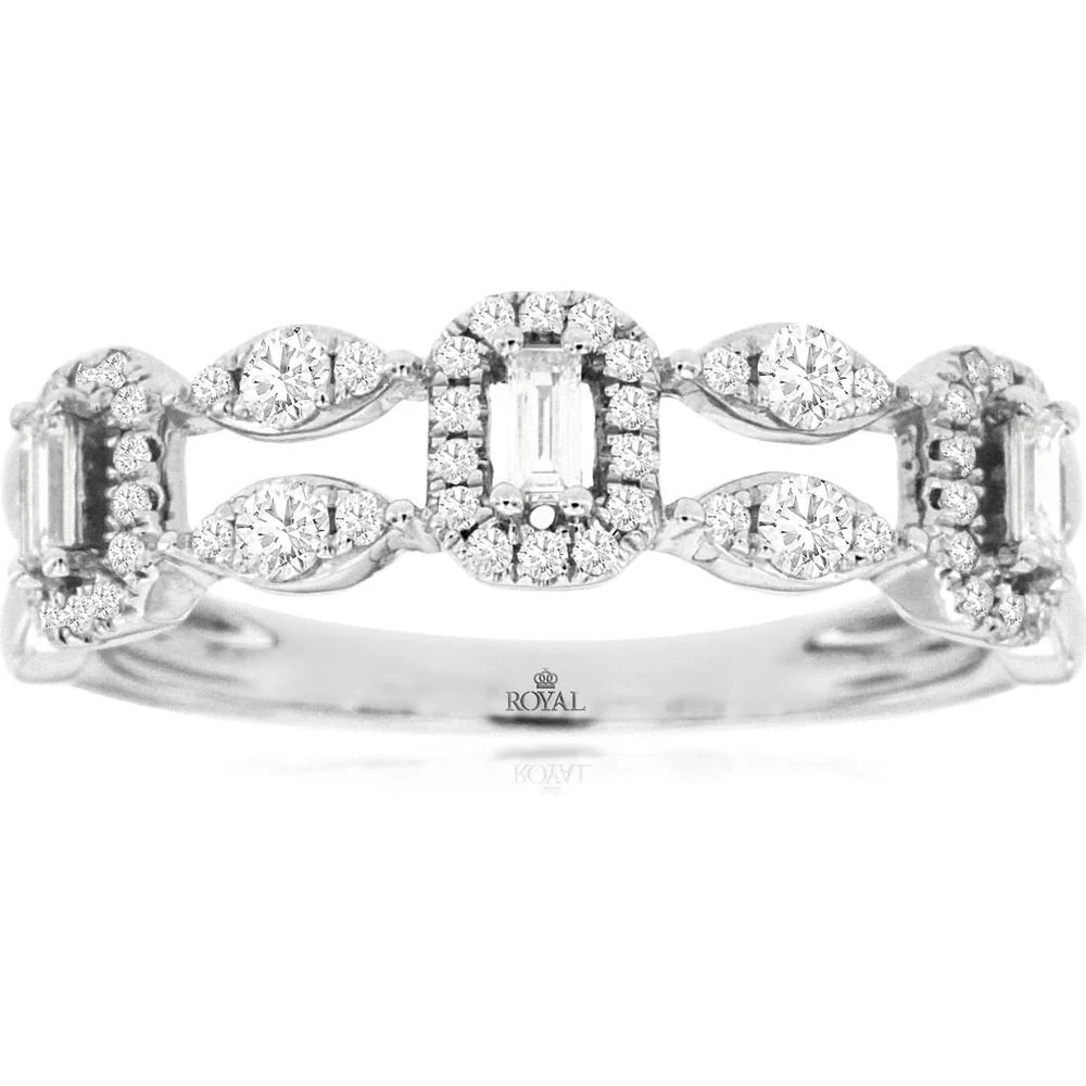 14K White Gold Diamond Wedding Band with Halo-Set Baguette Centers and Round Diamond Links - 0.36 Carat Total Diamond Weight - Royal Jewelry