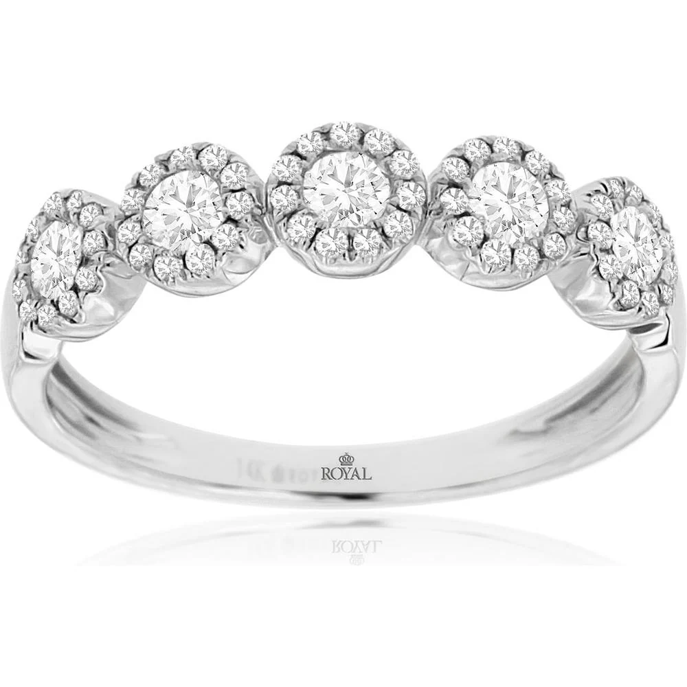 14K White Gold Diamond Wedding Band with Halo-Set Round Diamonds - 0.49 Carats Total Diamond Weight - Royal Jewelry