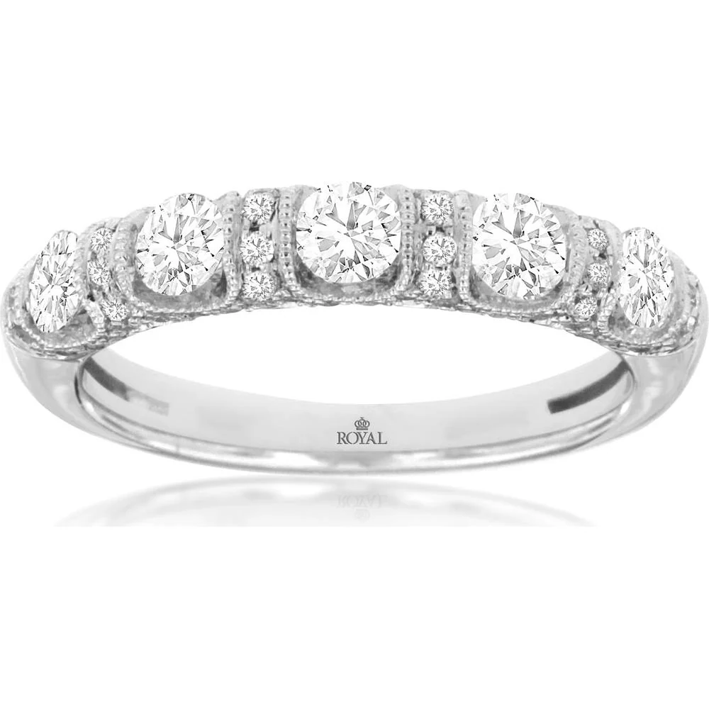 14K White Gold Diamond Wedding Band with Milgrain Detailing - 1.00 Carat Total Diamond Weight - Royal Jewelry
