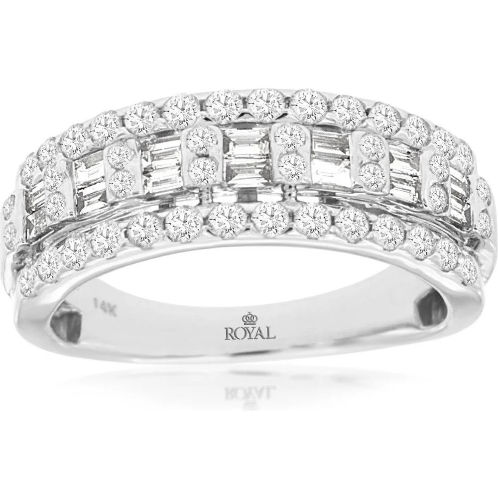 14K White Gold Diamond Wedding Band with Round and Baguette Diamonds - 1.00 Carat Total Diamond Weight - Royal Jewelry