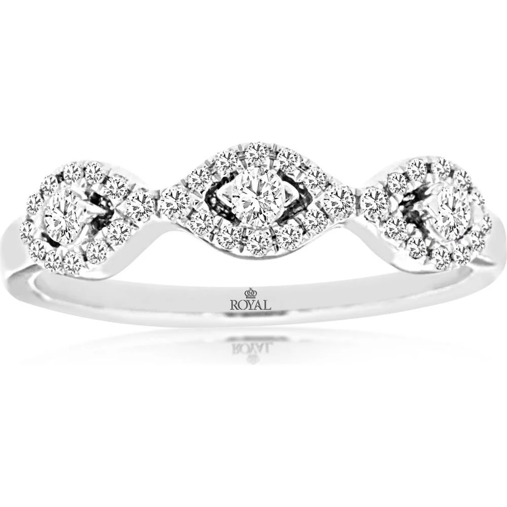 14K White Gold Diamond Wedding Band with Round Brilliant Cut Halo Diamonds - 0.3 Carats Total Diamond Weight - Royal Jewelry