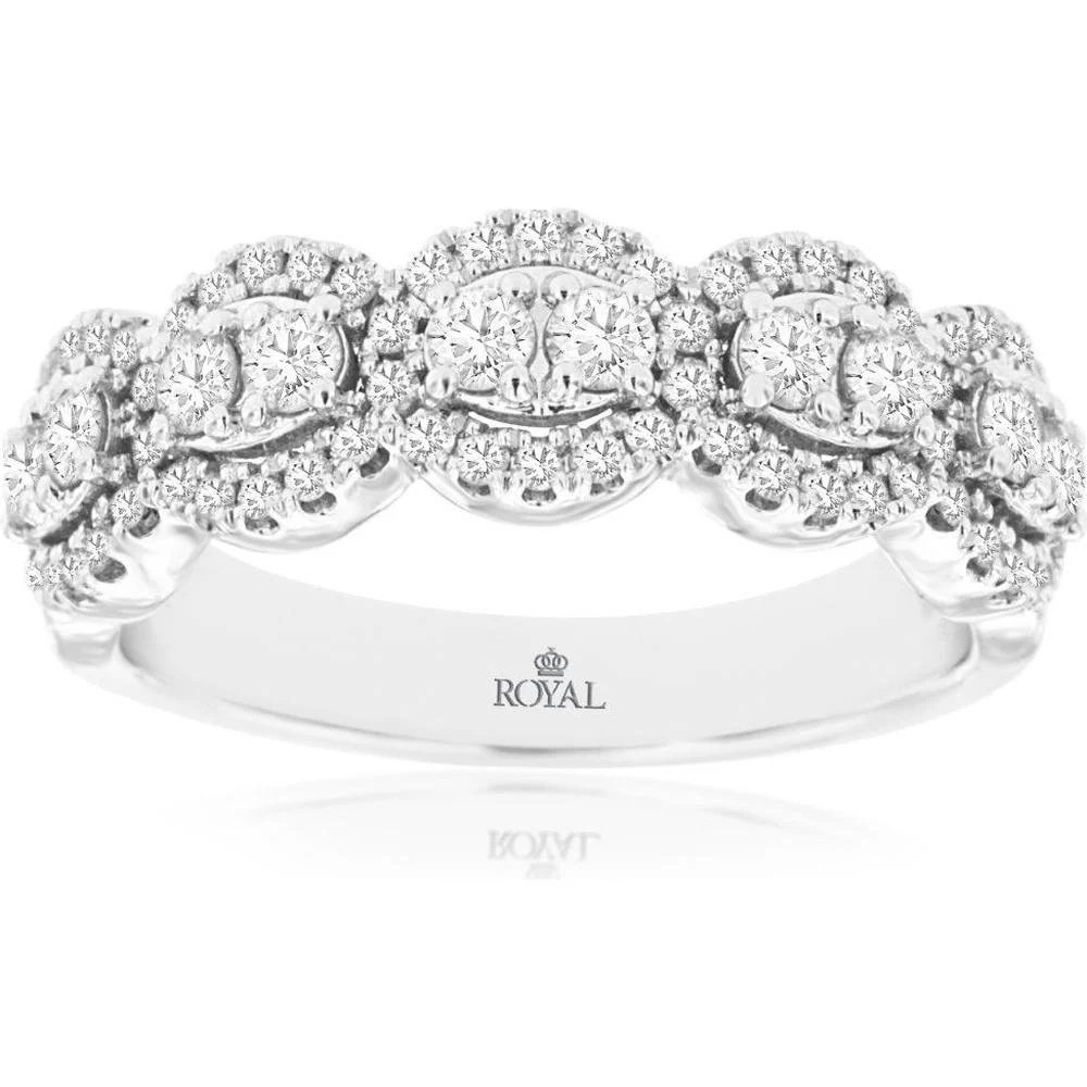 14K White Gold Diamond Wedding Band with Round Brilliant Diamond Cluster Halo Design - 0.75 Carat Total Diamond Weight - Royal Jewelry