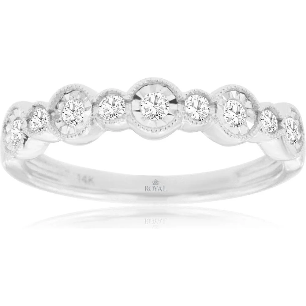 14K White Gold Diamond Wedding Band with Round Diamonds and Milgrain-Inspired Circle Stations - 0.25 Carat Total Diamond Weight - Royal Jewelry