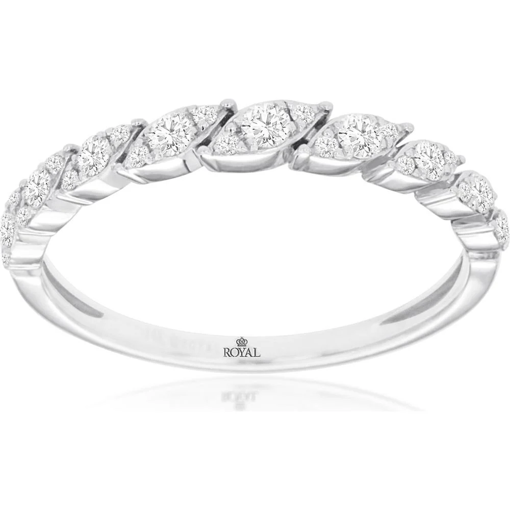 14K White Gold Diamond Wedding Band with Round Diamonds in Marquise-Inspired Leaf Motifs - 0.29 Carat Total Diamond Weight - Royal Jewelry